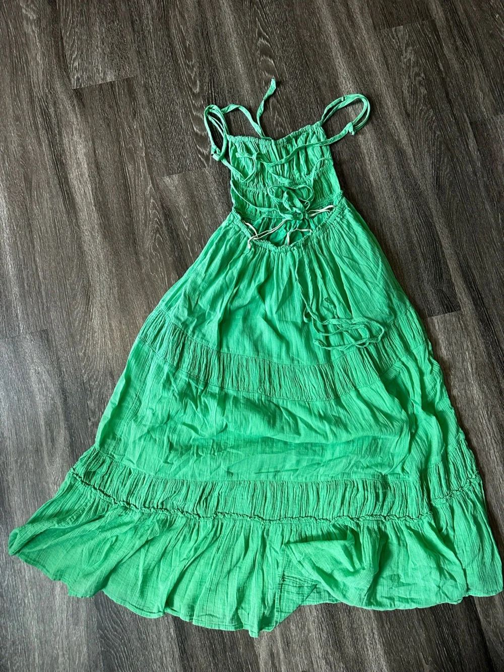 Free People Bright Green Tiered Maxi Dress with Tie Straps
